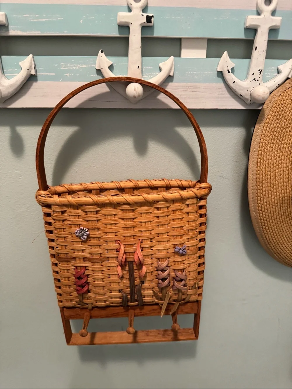Vintage Longaberger-Style Hanging Mail Basket with Weaved Flower/Insect Detail